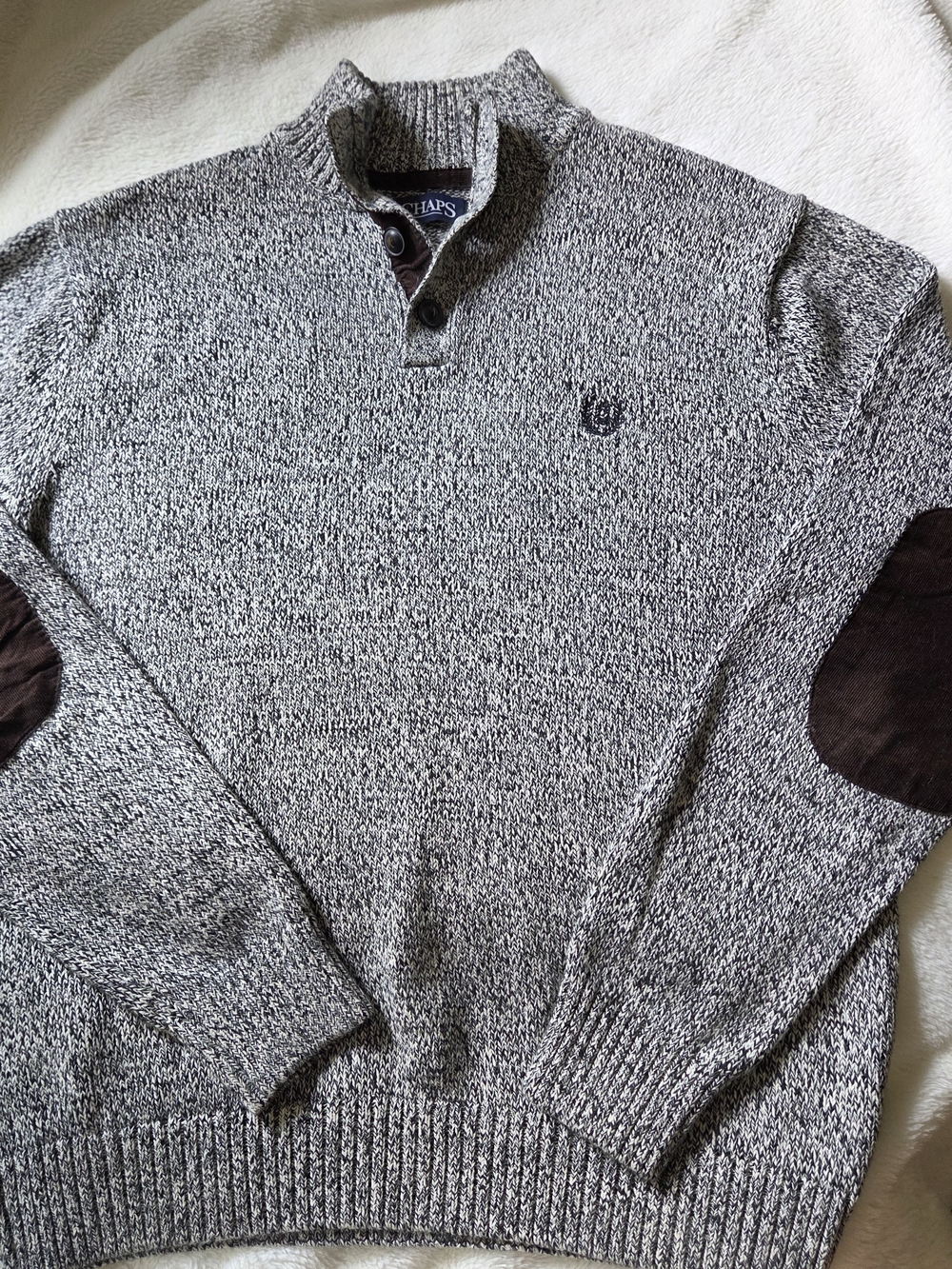 Chaps Gray Pullover Sweater with Brown Elbow Patches